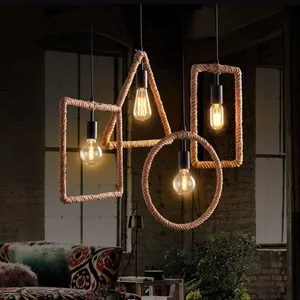Rustic Vintage Industrial Style Hanging Light Fixture Country Home Decor Hemp Rope Rattan Lamp Shade Farmhouse Pendant Light