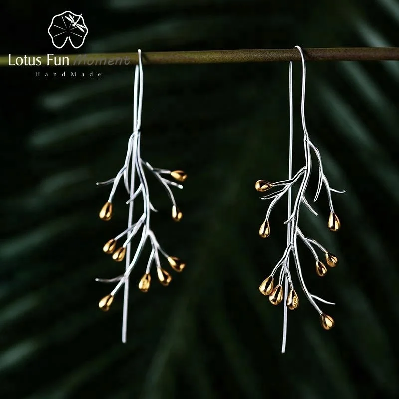 Lotus Fun Hand Made Designer Hooks Drop Earring 925 Sterling Silver With 18k Gold  Plated for Lady Girl  Fine Jewelry Women Gift