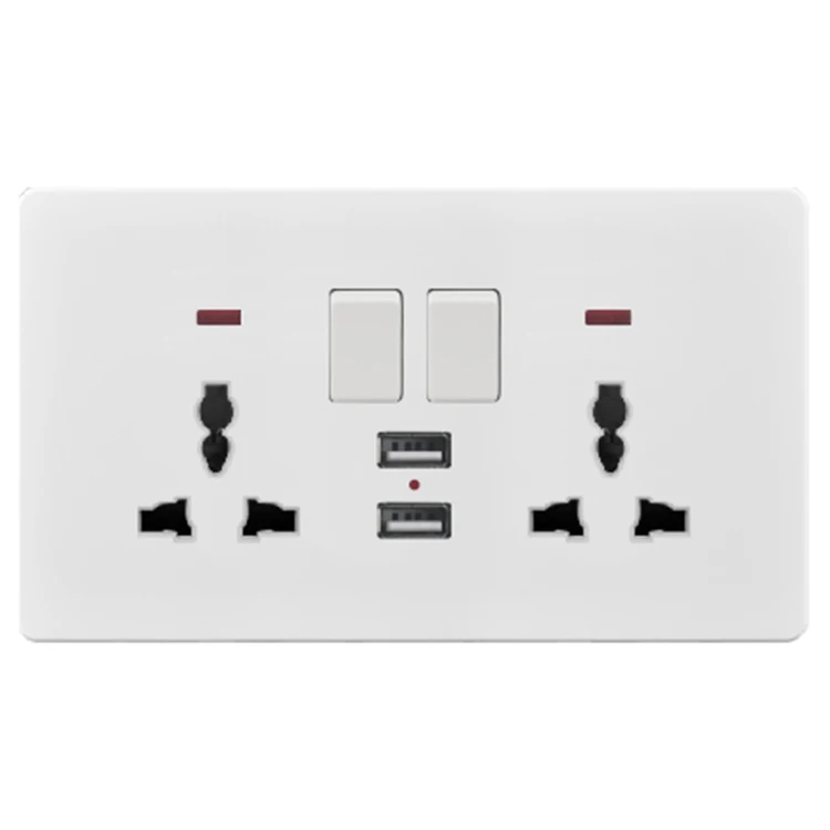 13A 2 Gang MF коммутационная розетка, двойная USB-розетка, электрическая розетка с неоновым и USB-портом