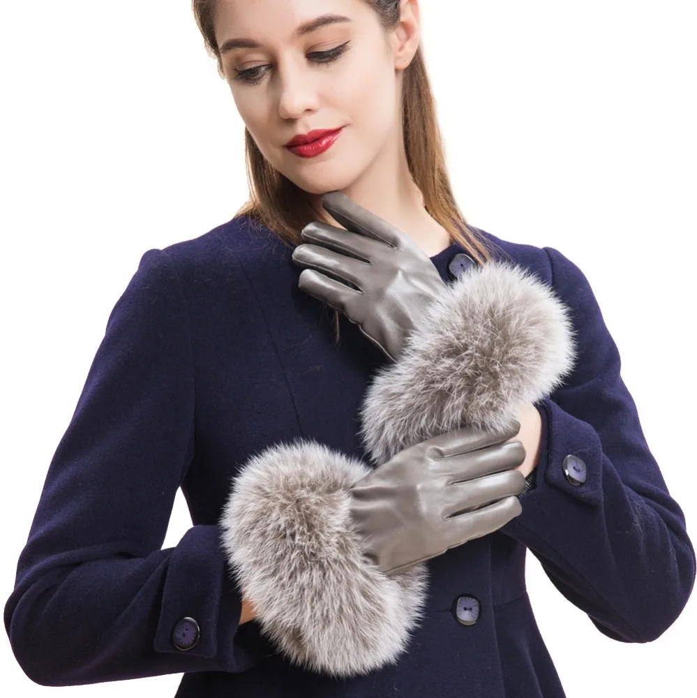 Luxury Genuine Leather Sheepskin Touch Fox Fur Women Gloves Leather