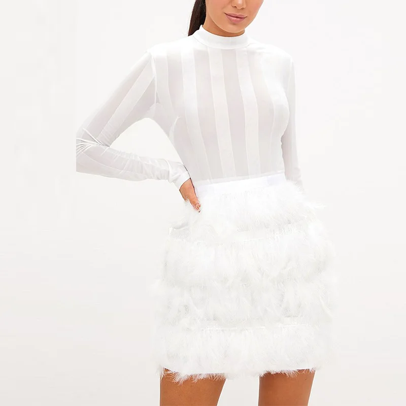 white feather skirt bodycon dress White Strapless Dress - Feather Dress - Mini Bodycon Dress
