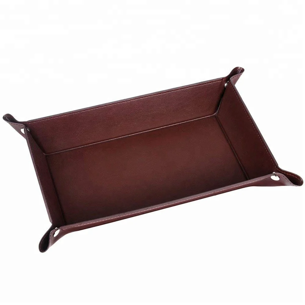 Leather Valet Tray Vintage Stationery Plaid Dice Tray Folding Square Holder Dresser Organizer Plate for Change Coin Key