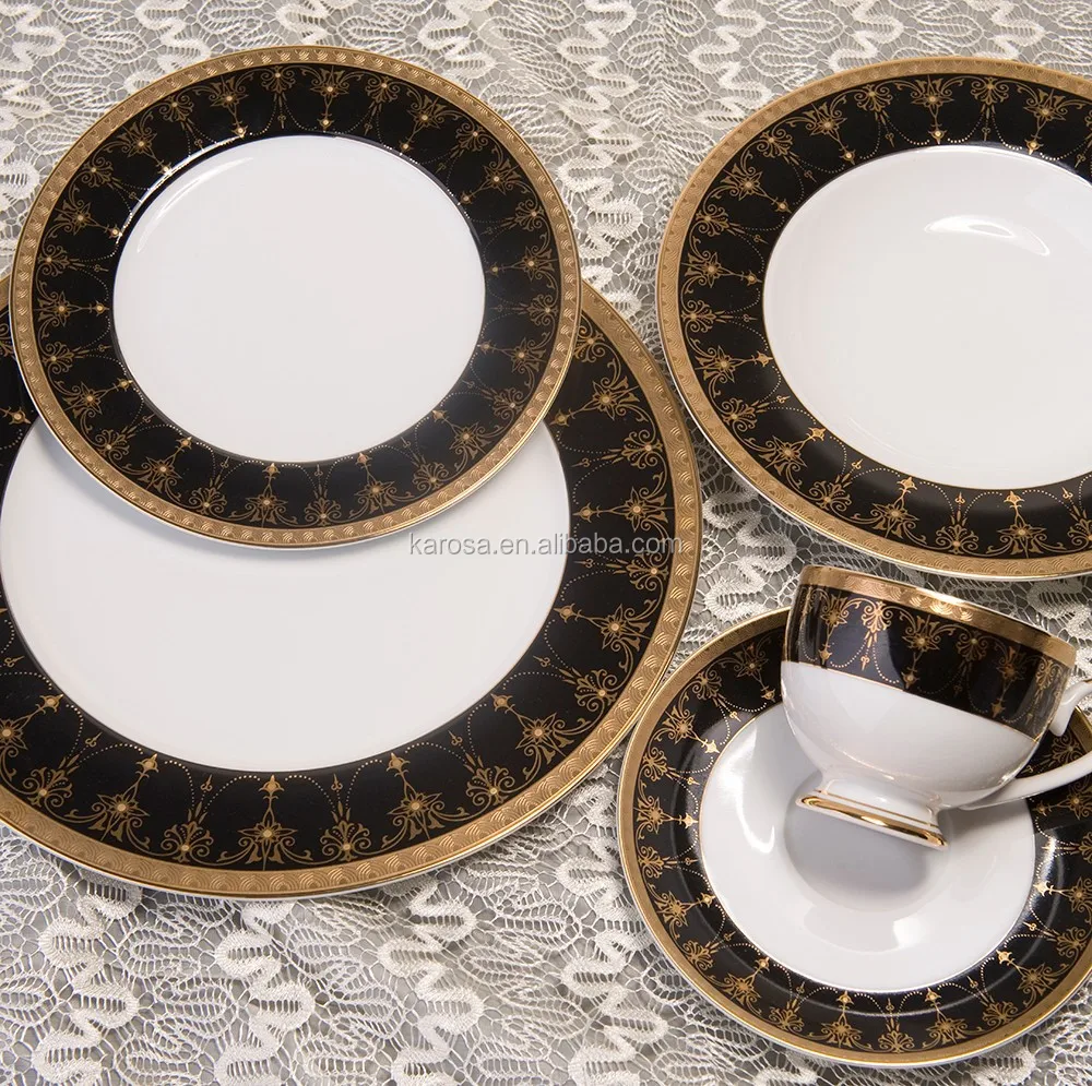 High Quality Embossed Gold Rim Design of Porcelain Plate Tableware Tea Set  of Black Color