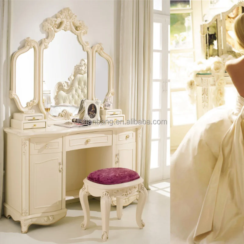 Elbmöbel Coiffeuse avec Miroir Blanc Coiffeuse Rangement Accessoire dans Le Style Baroque en Bois