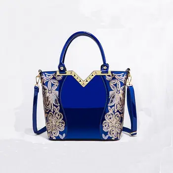Luxury fashion designer embroidery glossy ladies shoulder bag Patent PU handbag women tote bag