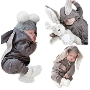 newborn baby clothes with big rabbit ears one-piece hooded zipper Ins foreign trade wish amazon hot sale