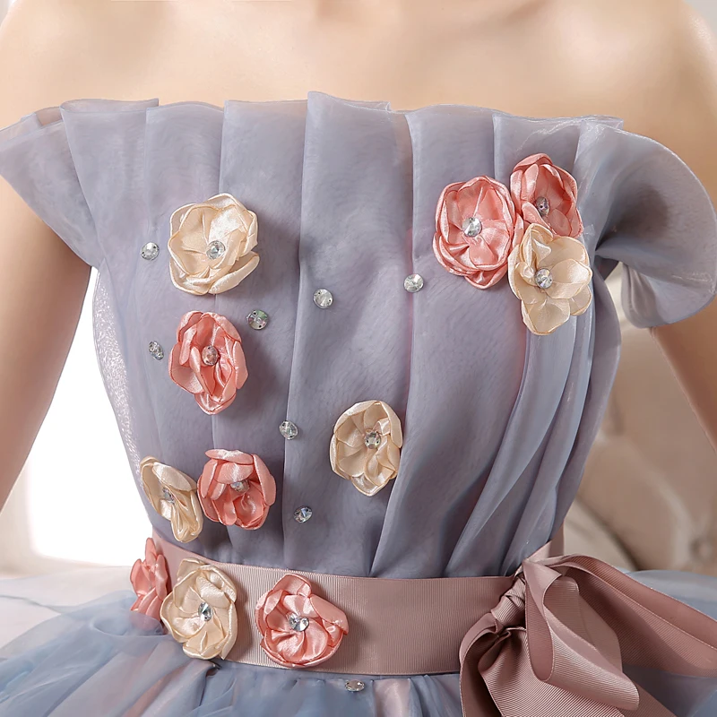 strapless open back dress Pink and Grey Tulle Puffy Sleeves Formal Dress with Flowers, A-line Tu –  Cutedressy main image 0