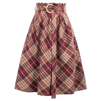 CL011052 GK Women Vintage Retro Belt Decorated Elastic Waist Flared A-Line Plaid Skirt