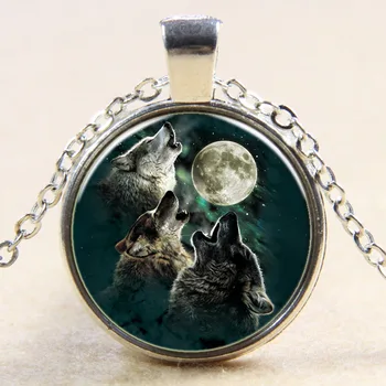 Vintage The Wolf Totem Cabochon Bronze Glass Chain Pendant Necklace
