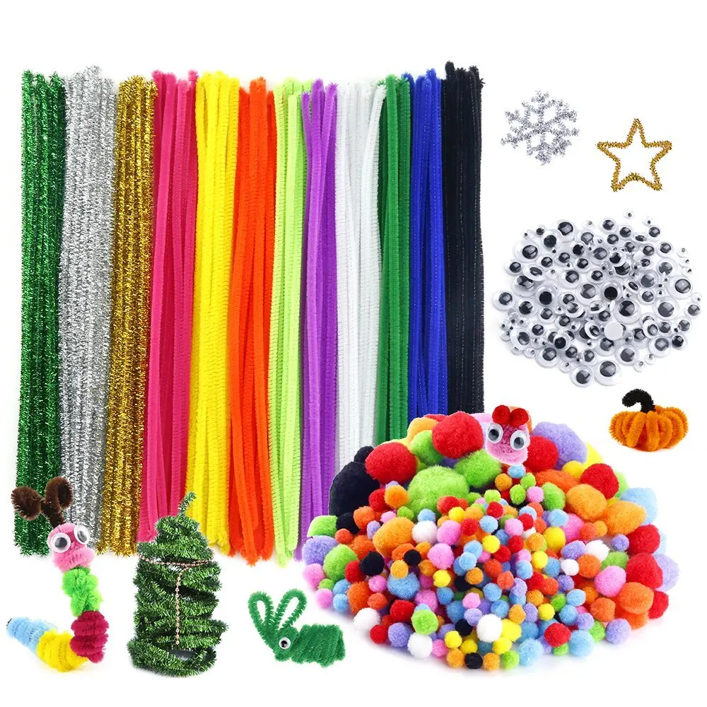 Caydo 556pcs Pipe Cleaners Craft Sets Blue, Red, White Glitter Felts and Crepe Paper for Independence Day Festival Decoration DIY Craft Pom Poms Including Pipe Cleaners Wiggle Eyes Pony Beads 