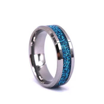Guangdong Factory 8mm Tungsten Carbide Ring Beveled Edges Inlay Blue Opal rings