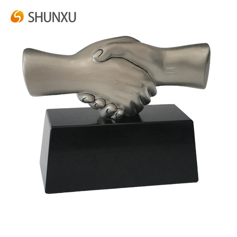 Silver Resin Handshake Grip Sculpture with Black Base Business Gift Collectible Promotional Award