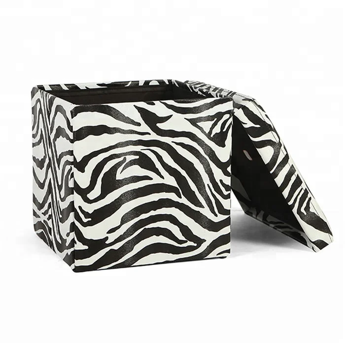 Zebra Stripe Printed PVC Leather Foldable Ottoman Storage Chair Pouf
