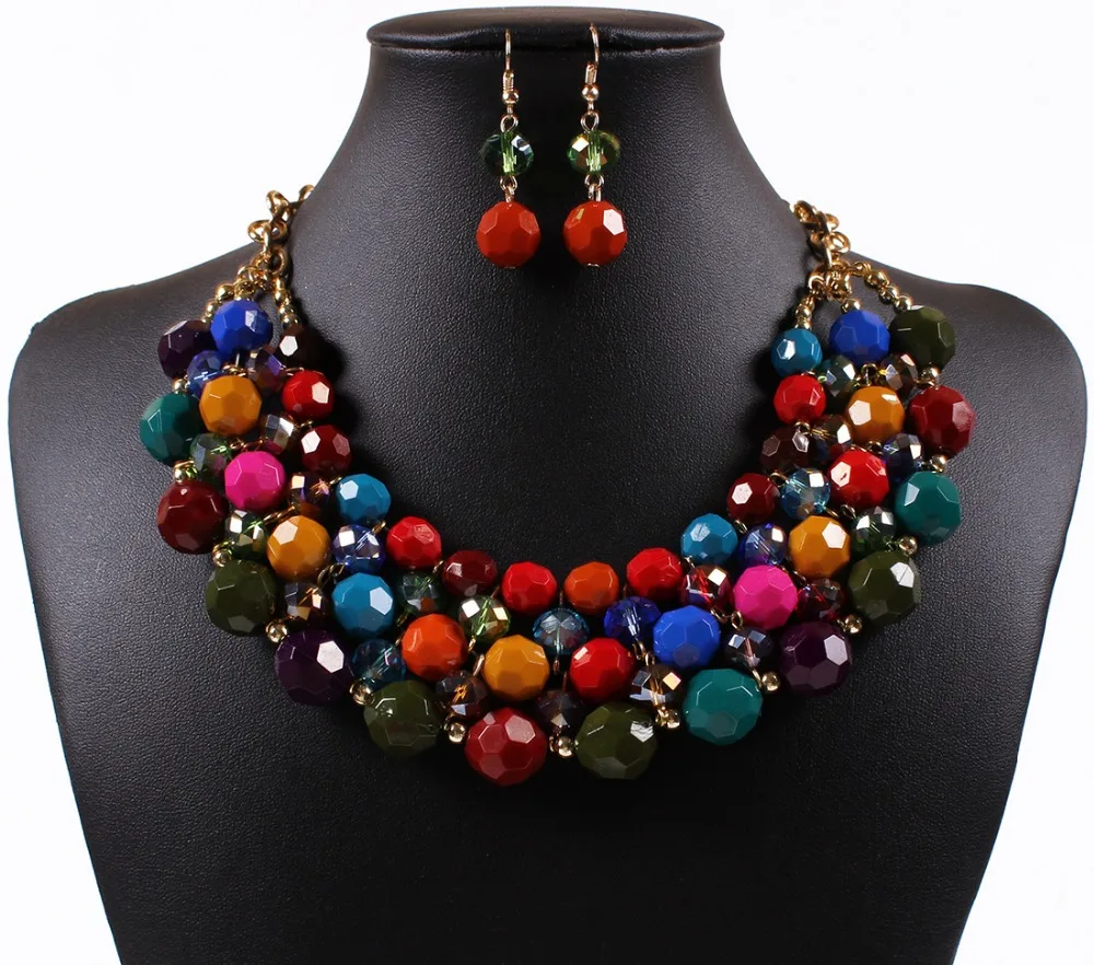 Women Rhinestone Beads Tassel Charm Pendant Choker Chunky Necklace Earring  Set Fashion Jewelry DE2827988