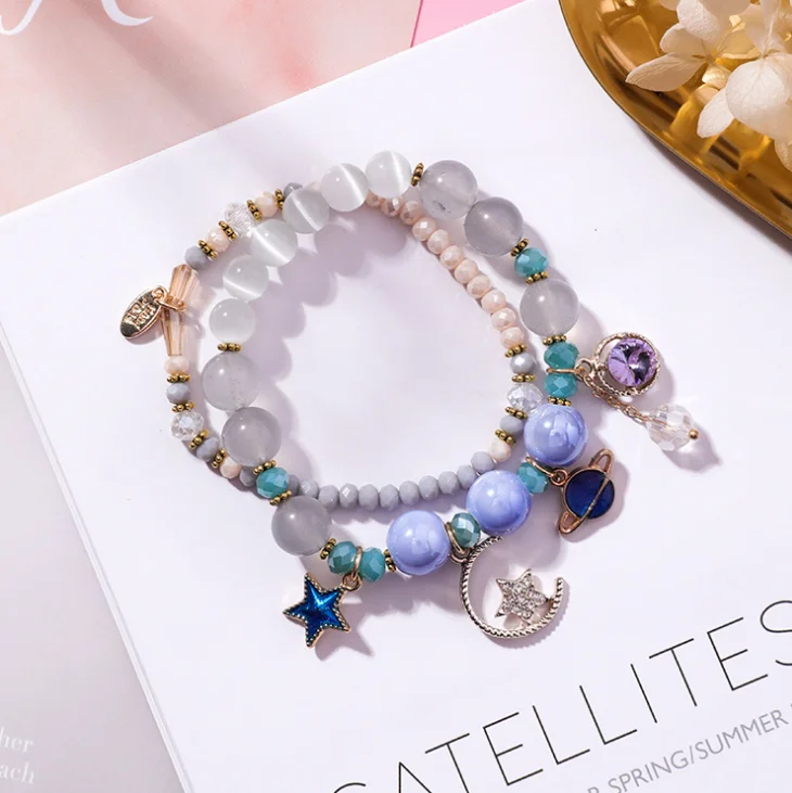 Simple Fresh Multi Layer Star Moon Cat Eye Crystal Bracelet for Women