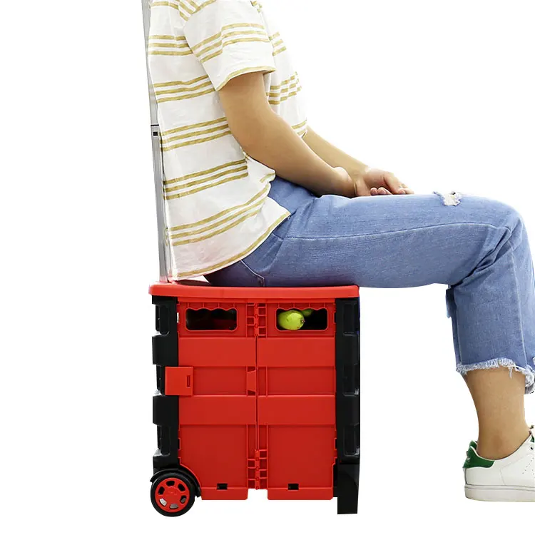 Супермаркет рынок Складные 2 колеса может сидеть пластиковая корзина для