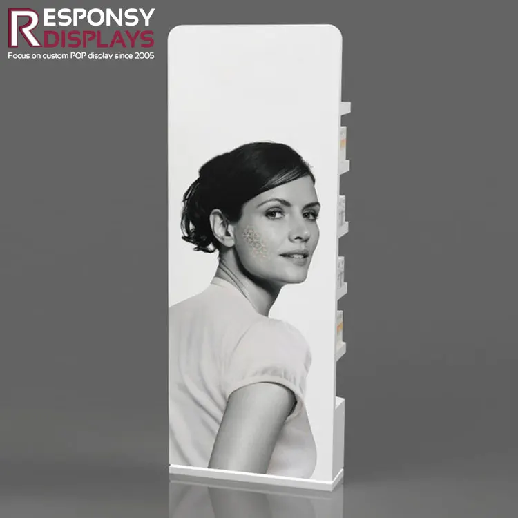 Metal Floor Standing Cosmetic Display Rack with Multi Tier Shelves and Large Back Panel for Lipstick Perfume Foundation in Shops