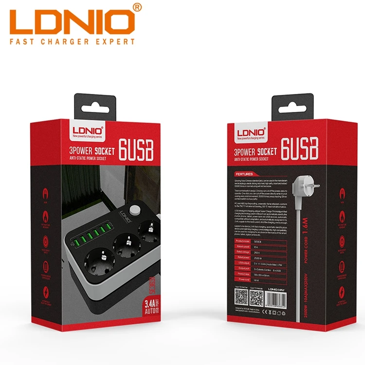 6 USB Port and 3 EU Outlet Wiring Board Europe Outlet Extension Socket Power Strip