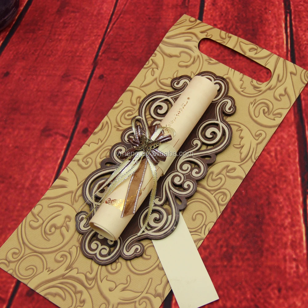 Yiwu Factory Wooden Scroll Wedding Invitations with Metal butterfly and Ribbon Bow