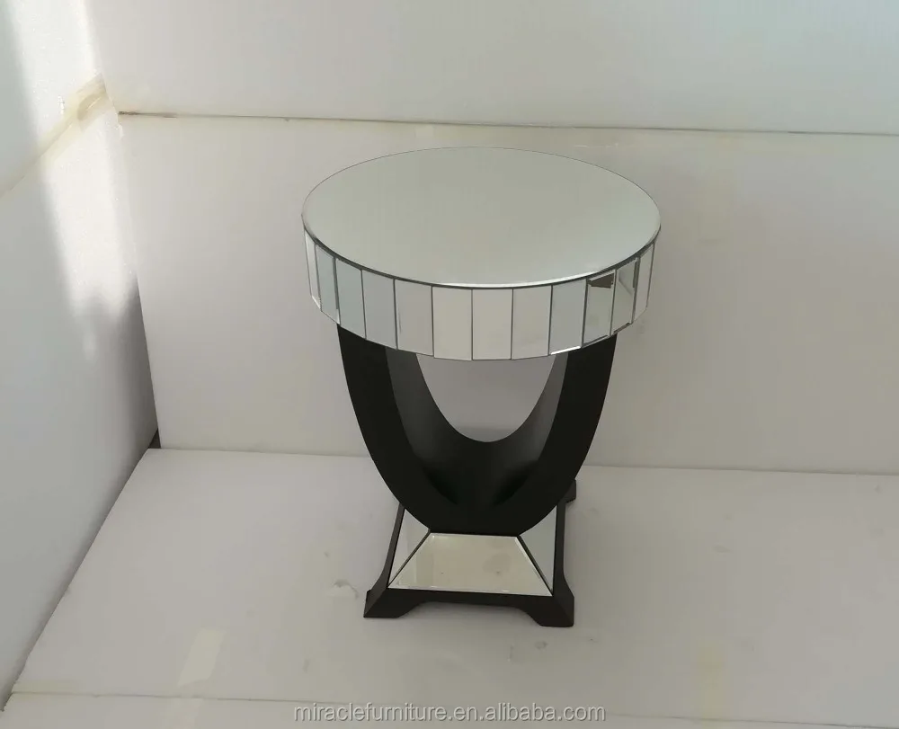 Black Wood Base Round Mirrored Corner Side Table for Living Room Furniture