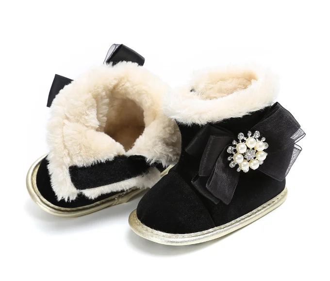 
 Детские зимние теплые ботинки на мягкой подошве с блестками из флисовой ткани с жемчужным Кружевом и бантом  