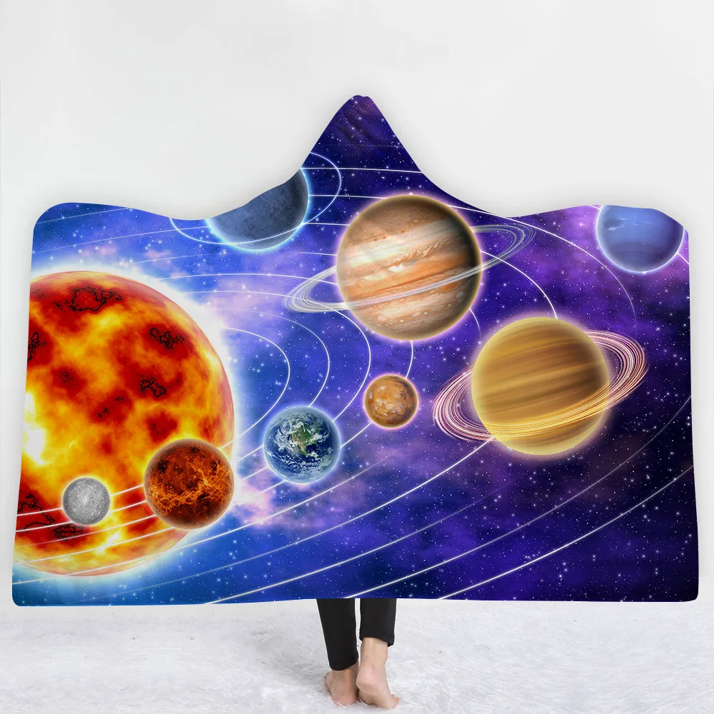 3D Galaxy Solar System Velvet Fleece Hooded Blanket Warm Hoodie Cloak Blanket