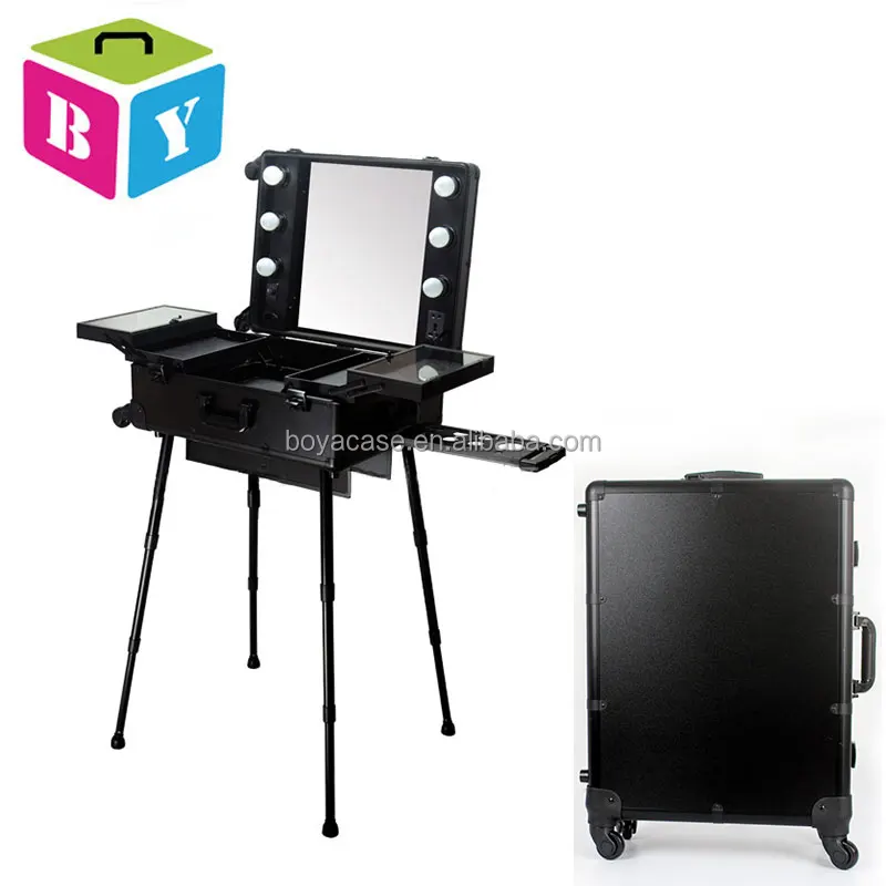 Black Pink Foldable Lighted Aluminium Aluminum Rolling Beauty Case Makeup Box With Bulbs Mirror