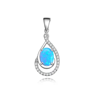 925 Silver Teardrop Hollow Pendant Oval Lab Created Opal Rhodium Plated Prong Set Gemstone Jewelry Component Gift Ready