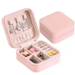 PU Leather Travel Jewelry Box for lady Organizer Display Storage Case for Rings Earrings Necklace Zipper Closure