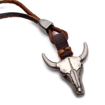 Hot Sale Punk Alloy Ox Head Genuine Leather Charm Necklace for Cool Man