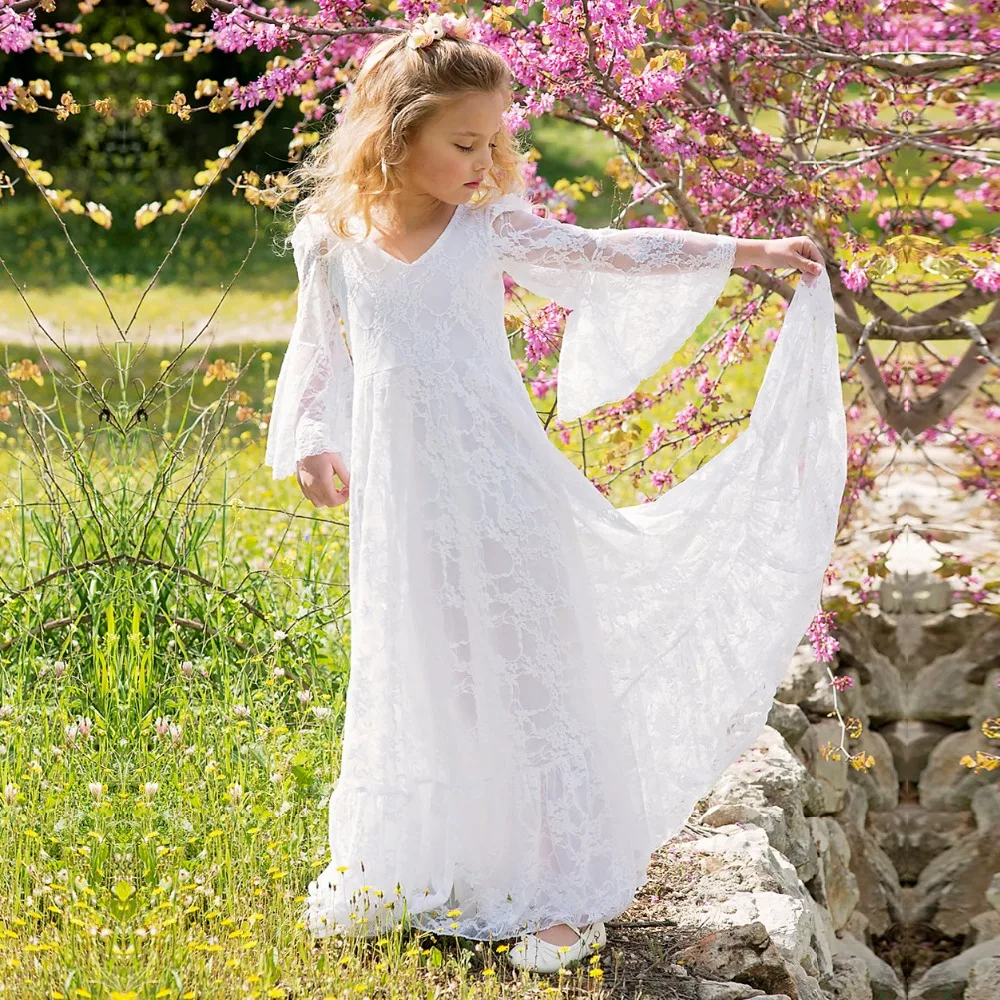 Vintage De Flores Para Niña,Vestido De Boda Bohemio,Largo Hasta El Suelo,De Encaje Marfil,De Primera Comunión - Buy El Último Vestido De Diseños Para Las Muchachas De Flor,Primera Comunión De,Lindo Vestidos