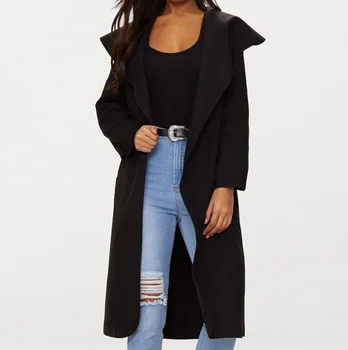 Lady's Black Casual Long Sleeve Winter Pocket Shawl Collar Front Open Woolen Cloth Long Coat