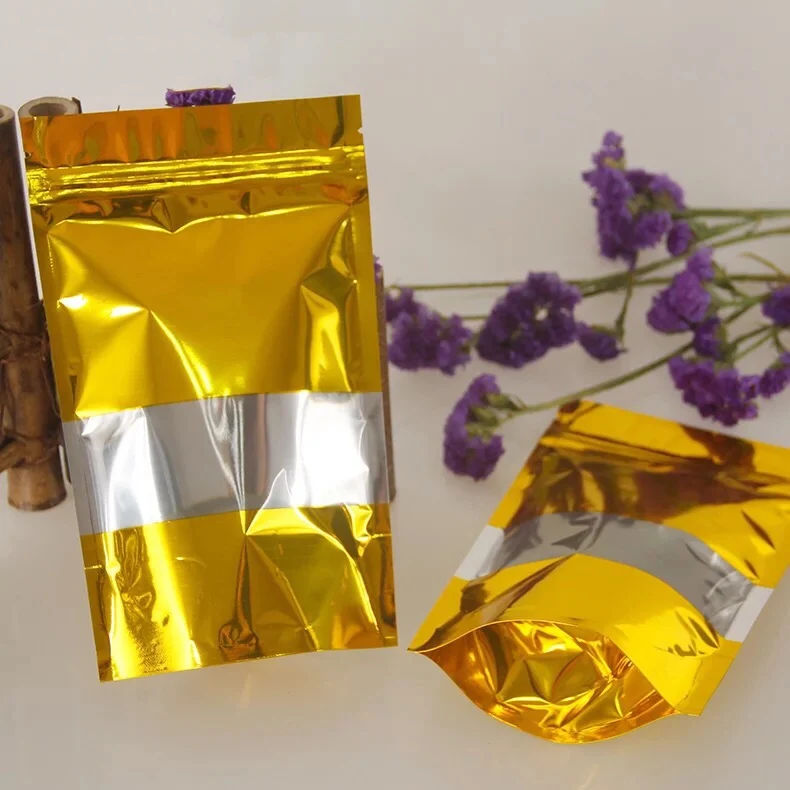Zip Lock Stand up Mylar Bags Gold Aluminum Foil Packaging Bag With Clear Window
