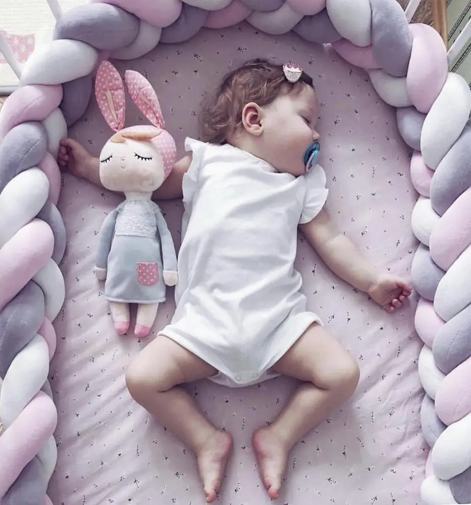 Auwer 2M Sweet Baby Crib Bumper Knotted Braided Plush Nursery Cradle Decor Newborn Gift Pillow Cushion Junior Bed Sleep Bumper D 
