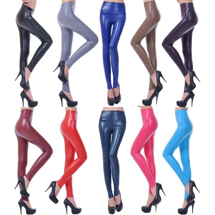 Women High Waist PV Leather Leggings Skinny Wet Look Stretch Pants