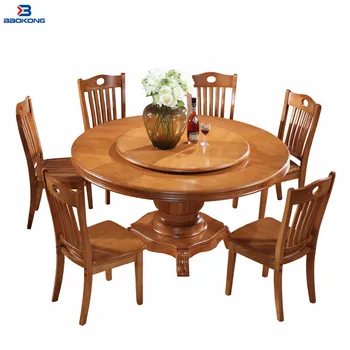 Antique 6 Seat Wooden Rotating Round Dining Table Set