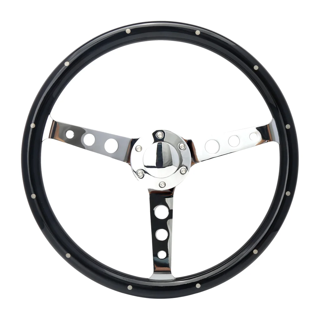 Classic 15 Inch Wood Grain Steering Wheel With Chrome Spokes