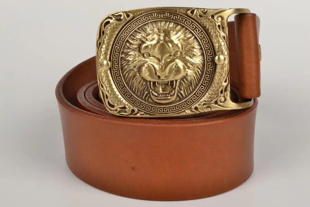 3D Brown Leather Belt brass buckle western 40