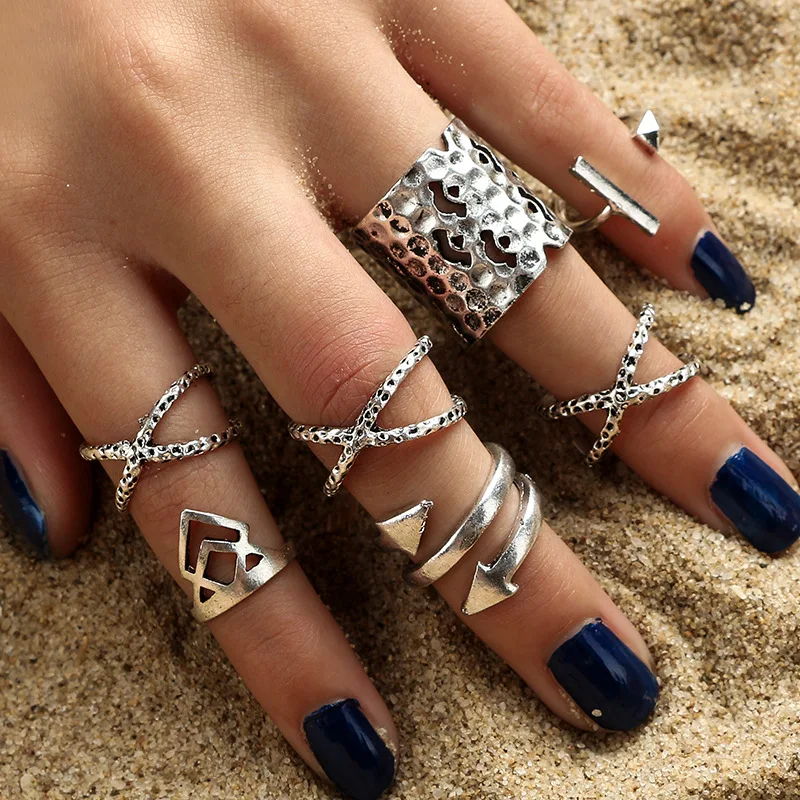 8pcs Lot Rings Set Retro Ethnic Metallic Arrow Cylinder Crossed Circle Triangle Polygon Knuckle Ring Silver Color Ring Gem Buy Knuckle Rings Product On Alibaba Com