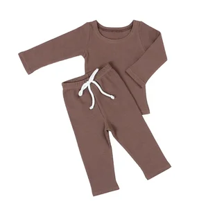 Wholesale Price Children Clothes Long Sleeve Simple Design Top&Bandage Long Pants Waffle Cotton Baby Outfit