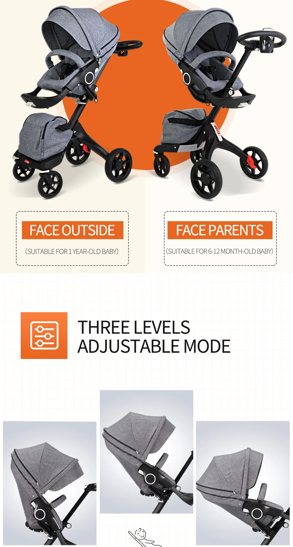 3 in 1 Foldable High Landscape Bidirectional Push Luxury Big EVA wheels Baby Stroller