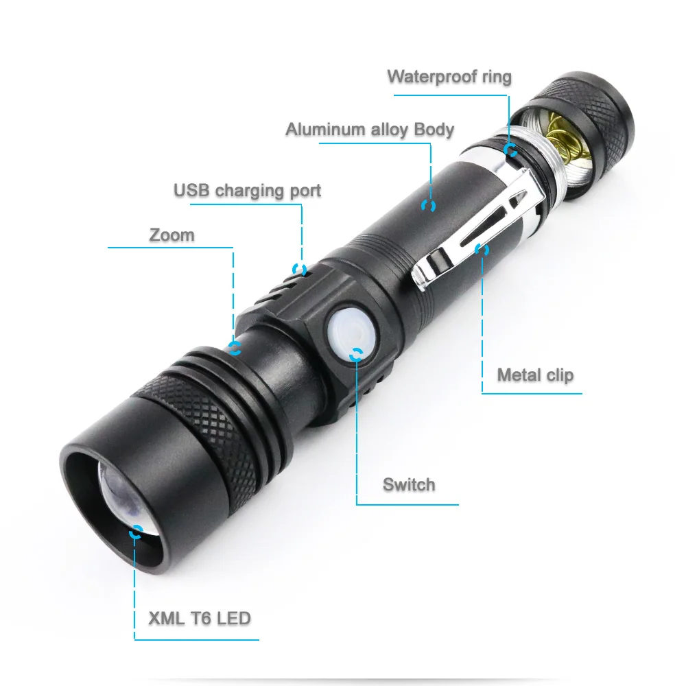 Brightest XML T6 Waterproof 1200 Lumen Tactical Flashlight usb rechargeable portable torch light For Self Defensive factory