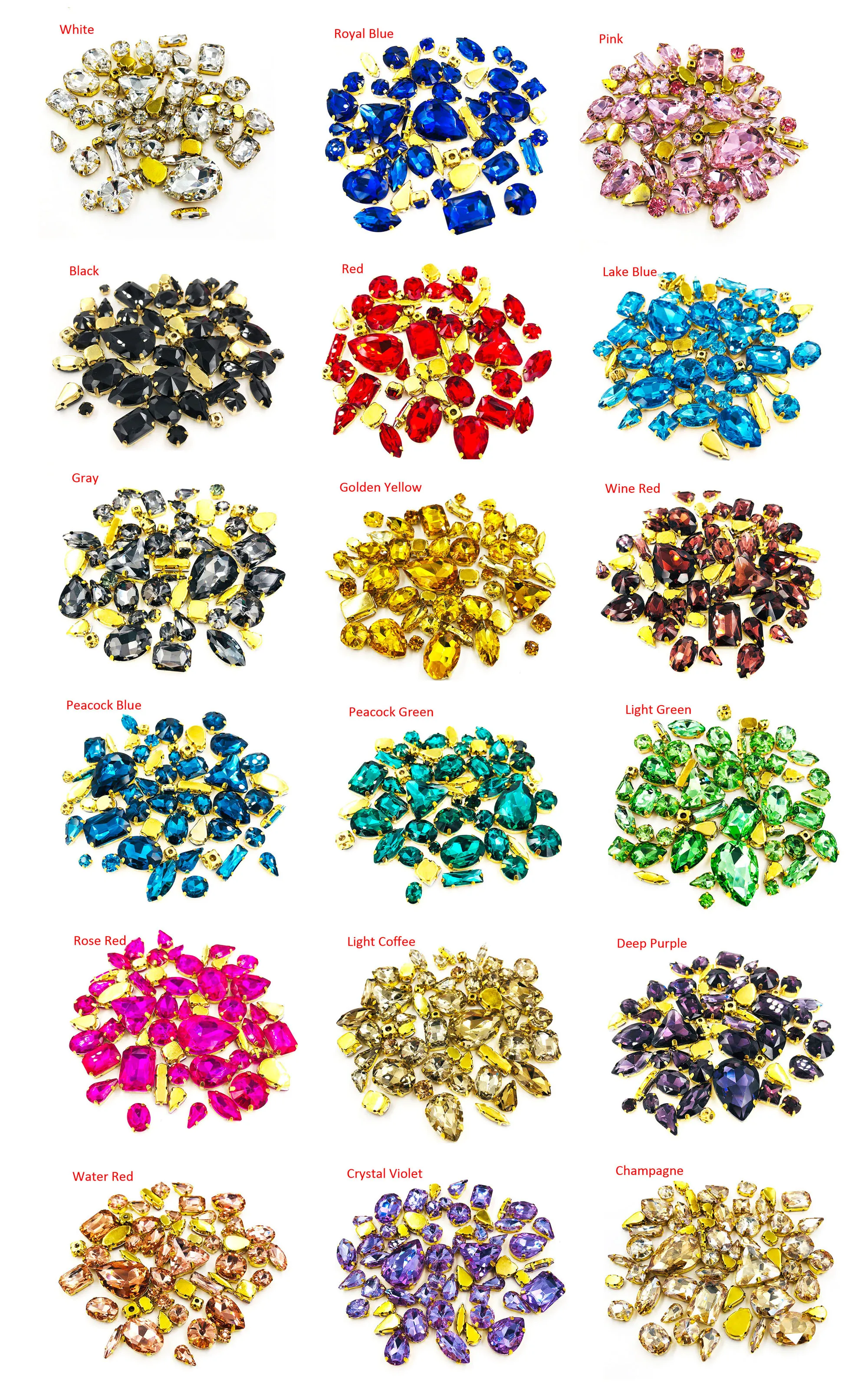 Light Green Mixed Shape Glass Flatback Rhinestone Sew-On Loose Rhinestones with Golden Claw