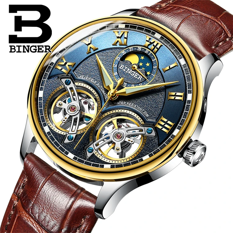 
 Часы BINGER 8606B Мужские автоматические, швейцарские механические наручные, с двойным турбийоном, с автоподзаводом, с кожаным ремешком, L  