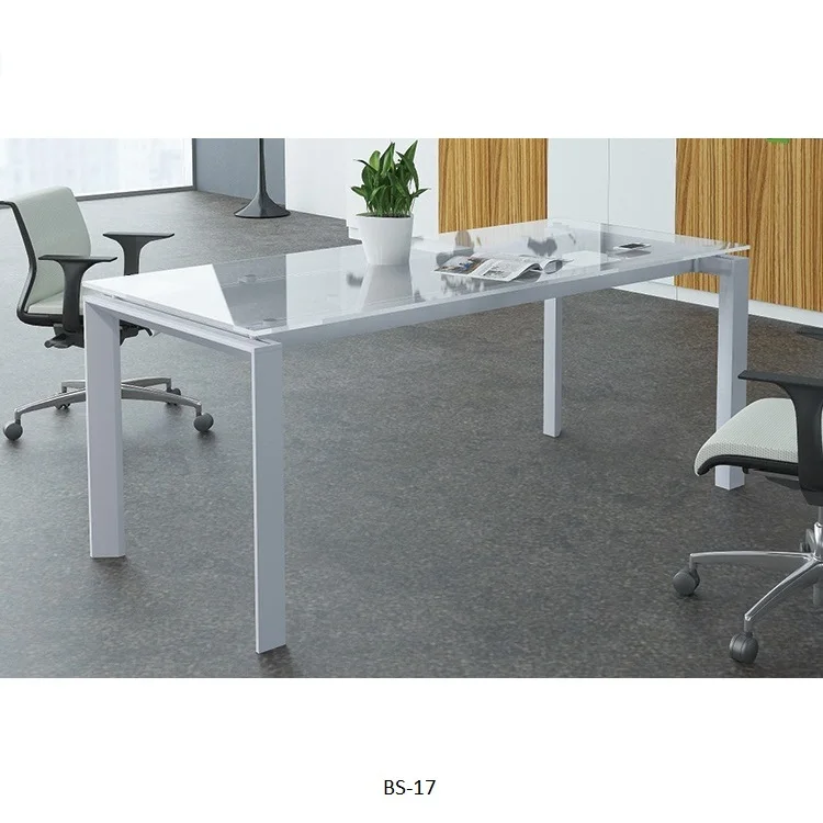 Office Modular Rectangular Tempered Glass Conference Meeting Room Table with Metal Leg