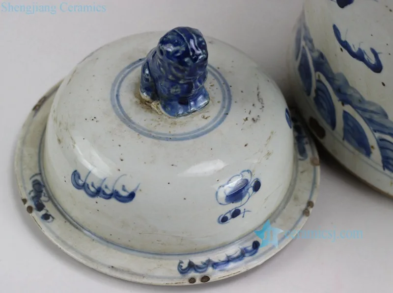 RZEY12 Series Antique Traditional Hand Painted Blue and White Dragon Ceramic Floor Vase with Lion Knob