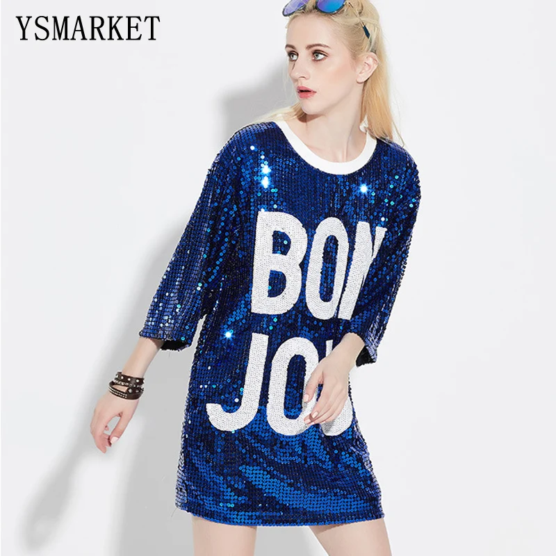Women Loose Long Letters Print Glitters 