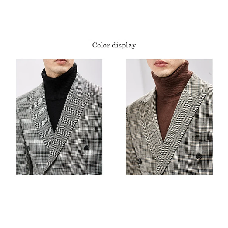 Fashion New Style Tweed Smooth Double Breasted Grey Plaid Feel Formal Business Men Suit