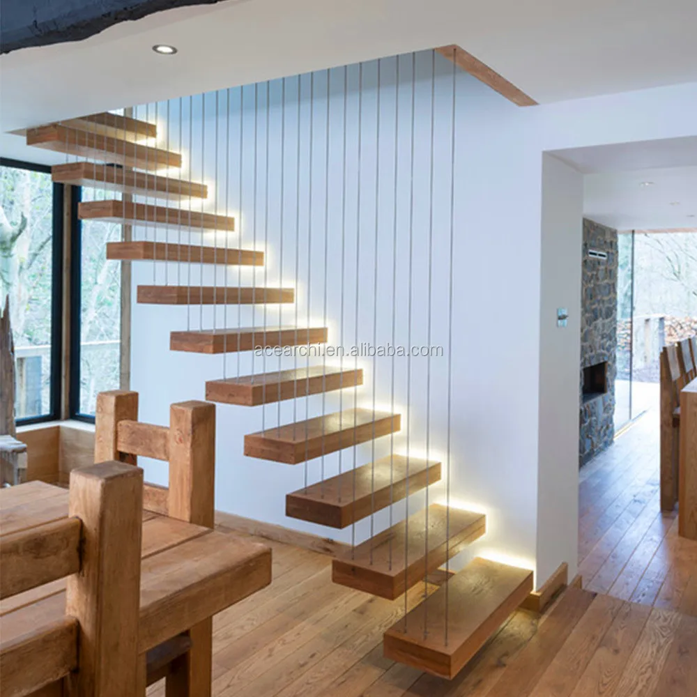 Modern Design Floating Staircase with LED Light Straight Staircase Stringer Hidden