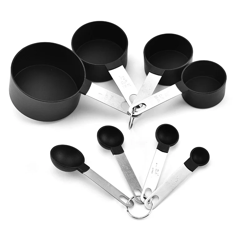 Kitchen Gadgets Stackable 8-piece Black Plastic Measuring Cups and Measuring Spoon Set with Stainless Steel Handle